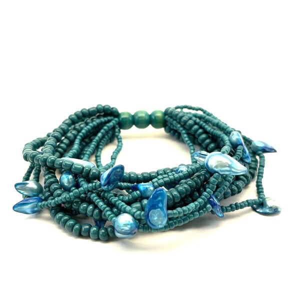 Vintage Stretch Bracelet Blue Turquoise Small Chip Mother of Pearl Wide B#8 - Picture 1 of 8